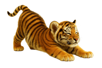Adorable baby tiger cub stretching like a kitten, no background png