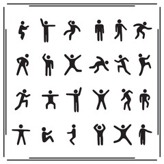 Naklejka premium Human Movement Icons Set - Stick Figure Dance Poses, Active Lifestyle Silhouettes, Fitness and Exercise Stickman, Vector Human Body Illustrations