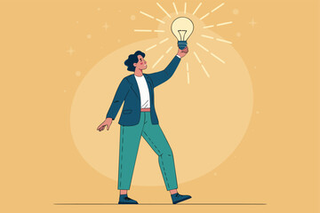 Entrepreneur with glowing lightbulb symbolizes innovation.