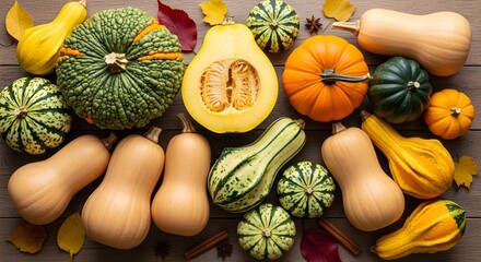 An abundant and colorful assortment of autumn gourds and pumpkins are artfully arranged on a rustic wooden surface, creating a festive harvest display