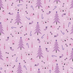 Christmas tree and ornaments vector seamless pattern. Holly jolly Xmas surface design of pine trees, candy canes, mittens, jingle bells, socks, baubles and snowflakes on lavender background