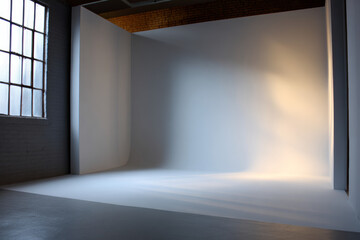Obraz premium Minimalist Empty Studio Space with Smooth White Walls, Large Windows, and Soft Natural Light 