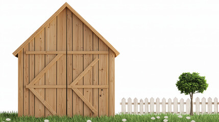 Fototapeta premium Wooden barn with rustic design stands beside white picket fence and small tree, creating serene countryside scene