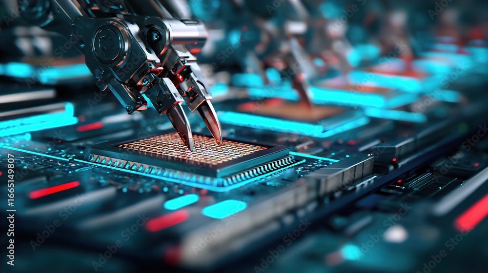 Poster futuristic robotic arms assembling computer chips in a high-tech setting with glowing blue accents.