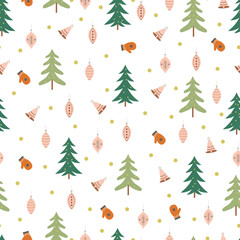 Christmas tree and ornaments vector seamless pattern. Holly jolly Xmas surface design of pine trees, mittens, baubles, jingle bells and polka dots on white background