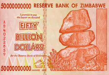 50000000000 Dollars Zimbabwe, 2008. Hyperinflation in Zimbabwe. Money of Africa.