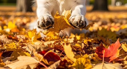 A dog playfully paws at vibrant autumn leaves scattered across the ground, capturing the essence of fall and outdoor fun.