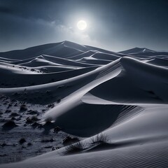 Dramatic Desert Dunes at Night Under a Full Moon.