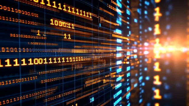 Abstract digital display shows binary code glowing in orange and blue hues