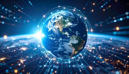 Digital Earth with glowing global network connections.