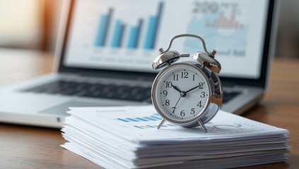 A high-quality business productivity concept featuring a silver clock on stacked documents with blurred financial charts and a laptop background, Generative AI