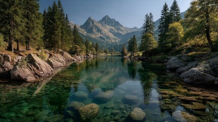 Serene mountain lake surrounded by a lush green forest with clear blue water reflecting the sky and peaks