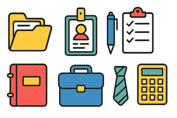 Office supplies and tools in flat design style with colorful icons corporate toolkit set