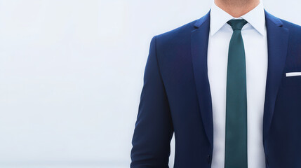 Professional man in blue suit and green tie, exuding confidence and style in minimalist setting