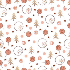Christmas tree and ornaments vector seamless pattern. Holly jolly Xmas surface design of pine trees, stars, baubles, lollipops, snowflakes and polka dots on white background