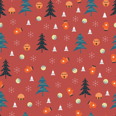 Christmas tree and ornaments vector seamless pattern. Holly jolly Xmas surface design of Pine trees, stars, presents, stars, candy canes and polka dots on deep chestnut background