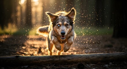 An energetic dog with heterochromia joyfully leaps over a log in a sun-drenched forest, illuminated by golden hour light.