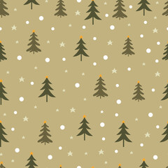 Christmas tree vector seamless pattern. Holly jolly Xmas surface design of pine trees, stars and polka dots on ecru background