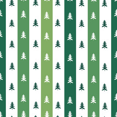 Christmas trees on stripes vector seamless pattern. Holly jolly Xmas surface design of pine trees, stars, balloons, baubles and snowflakes on vertical striped background