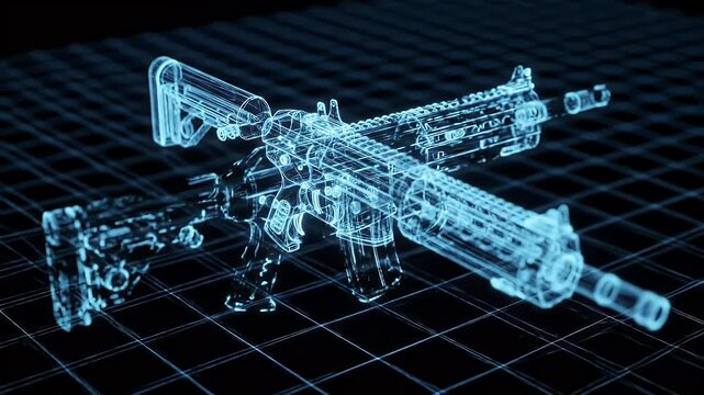 Detailed 3D X-ray Blueprint of a Rifle on a Dark Background, Showing Internal Mechanisms