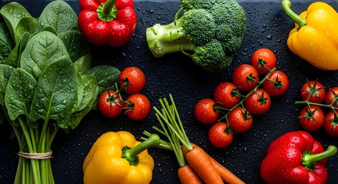 Freshly washed vegetables including spinach, carrots, peppers, broccoli, and tomatoes are arranged on a black surface, highlighting healthy eating and the concept of fresh produce.