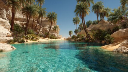 Oasis lagoon, desert palms, clear water, sandy beach, travel brochure