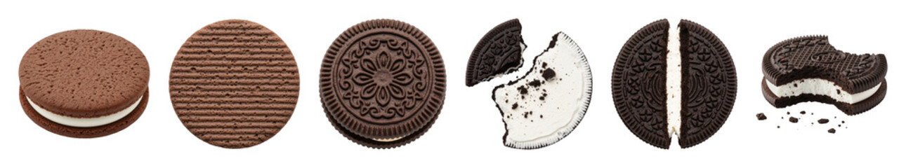Chocolate sandwich cookie set including whole, plain, ribbed, decorative, broken, split, and bitten stages isolated. Sweet dessert and snack collection.