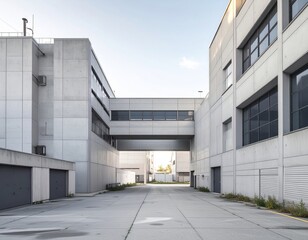 Concrete skybridge connecting industrial buildings in desolate urban area