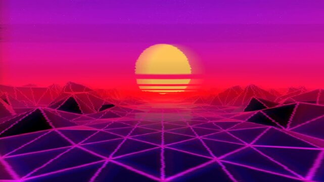 1980s retro wave sunset animated background with VHS effect in 4k widescreen