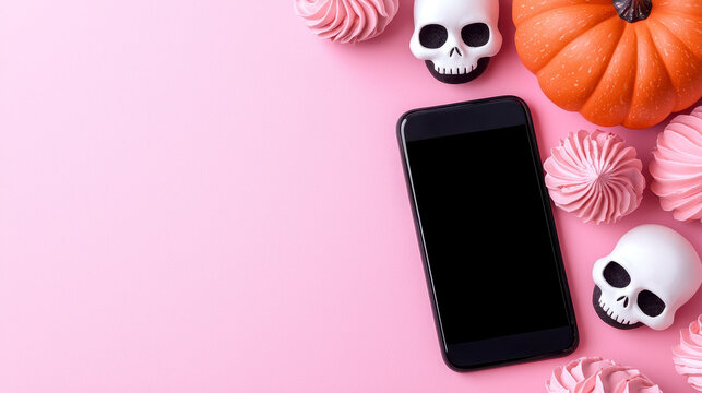 Pink Halloween 5x7 card and smartphone evite ecard gr. One rose color spooky holiday five by seven stationery and cellular electronic invitation greeting resource autumn celebration