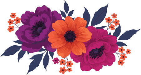 Bright floral illustration, colorful flower bouquet, orange and purple flowers, botanical clipart, blooming floral design