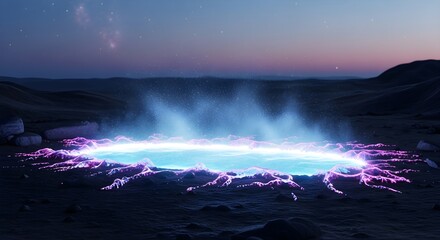 Naklejka premium Surreal desert landscape featuring a mysterious, glowing turquoise pool with purple and pink energy emanating from the edges under a starry night sky, creating a science fiction atmosphere.