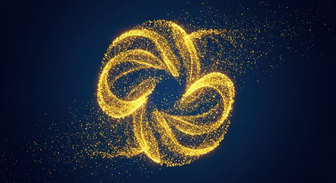 Abstract swirling vortex of golden particles against a dark blue background, creating a dynamic and luminous circular shape.