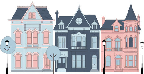 Colorful Victorian style houses, street view architecture, urban cityscape with vintage buildings, historical homes, classic facades, elegant old town design © Vactor Creatives