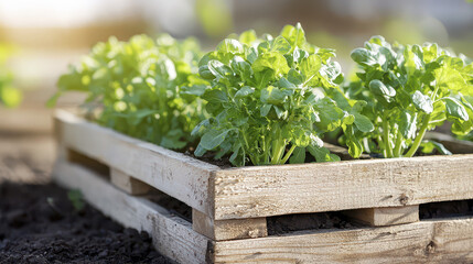 Fresh green vegetables growing in wooden planter box, showcasing healthy growth and vibrant colors in garden setting