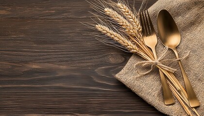 Rustic place setting with wheat blank card. Rural tabletop arrangement alongside grain empty notice natural theme simple decoration countryside style invitation stationery greeting