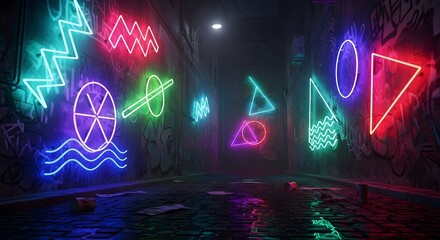 A vibrant neon alleyway scene glows with geometric shapes, creating a futuristic, urban aesthetic with graffiti and reflections on wet cobblestones.