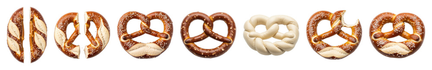 Pretzel set including whole, halved, bitten, and raw dough stages isolated. Bakery, snack, and food collection.