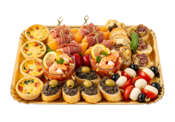 A beautifully arranged platter showcases a variety of delicious appetizers, including savory quiches, prosciutto-wrapped melon, shrimp cocktail, bruschetta, and colorful skewers.