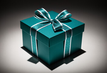 Obraz premium Teal Gift Box with Byzantine Ribbon and Bow under Spotlight