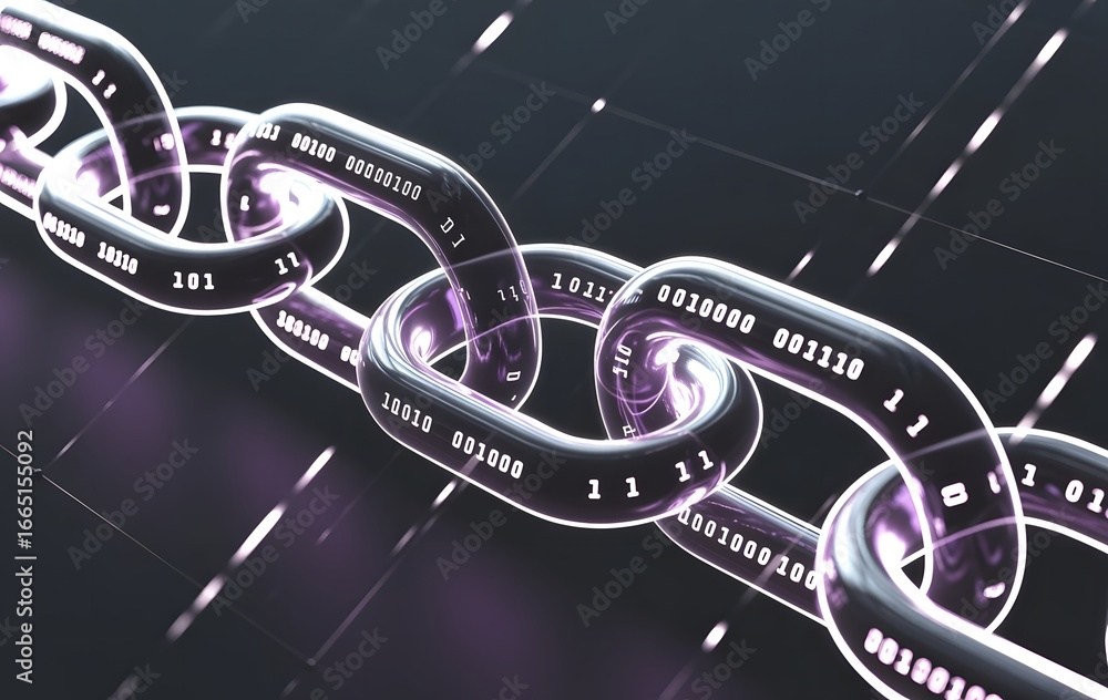 Poster digital blockchain concept represented by a chain with binary code on each link emphasizing security