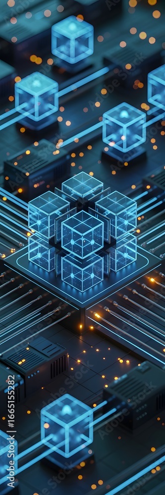 Poster abstract futuristic technology concept with glowing cubes and circuitry representing data storage ar