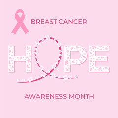 Breast cancer awareness month poster, banner. Decorative word 'hope' with a pink ribbon and flowers. Vector illustration. Support and solidarity.