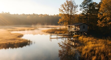 Peaceful rustic cabin on stilts over misty lake at sunrise with golden sunbeams.