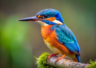 Obraz premium Vibrant common kingfisher perched on a mossy branch in natural sunlight