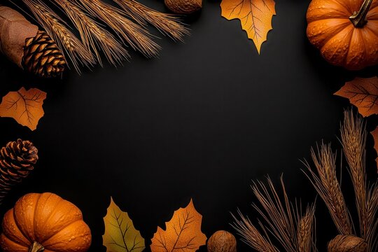 Thanksgiving frame border black background with ornam. Autumnal holiday framework dark backdrop decorative element harvest season thankful occasion edging ornamentation festive