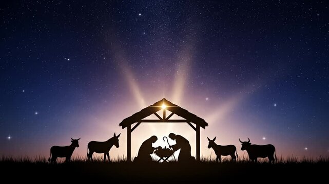 Nativity scene silhouette against a starry night with a glow at the stable roof