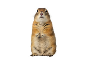 A charming prairie dog stands upright against a stark black backdrop, showcasing its detailed fur and alert expression.