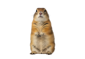 A charming prairie dog stands upright against a stark black backdrop, showcasing its detailed fur and alert expression.
