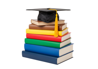 A stack of colorful books, topped with a graduation cap, against a black background.